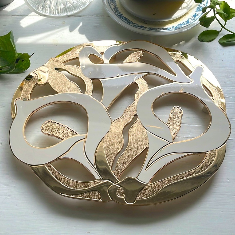 Vtg Gold Enamel Calla Lillies Trivet, William A Rogers 1980s